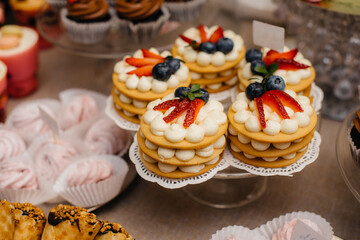Beautiful and decorated candy bar close-up at a festive Banquet. Sweets close-up