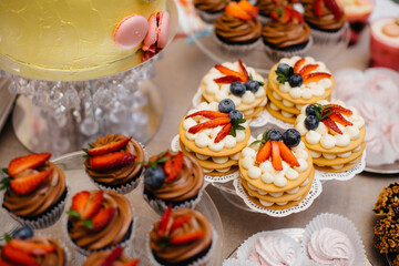 Beautiful and decorated candy bar close-up at a festive Banquet. Sweets close-up