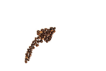 Coffee beans arranged in the shape of an arrow on the white background. 