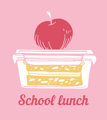 School lunch design. Apple on food container with sandwich. Hand drawn vector sketch colorful illustration
