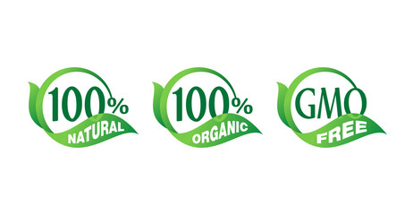 100 natural, 100 organic, GMO free - mark for healthy food, vegetarian nutrition - vector sticker set