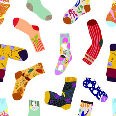 Seamless patterns with hand drawn textures. Stylish cotton and woolen socks with different textures. Flat cartoon vector illustration.Transparent background
