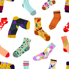 Seamless patterns with hand drawn textures. Stylish cotton and woolen socks with different textures. Flat cartoon vector illustration.Transparent background