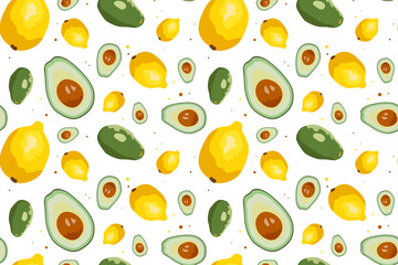 Vector seamless pattern with avocado and lemon. Colorful design for decorating menus, recipes, fabric, cards, wrapping paper, fabric, clothing, website..