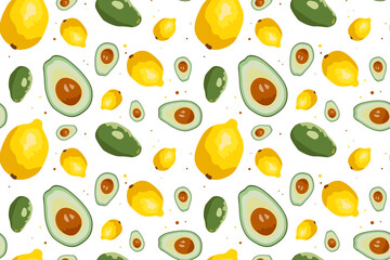 Vector seamless pattern with avocado and lemon. Colorful design for decorating menus, recipes, fabric, cards, wrapping paper, fabric, clothing, website..