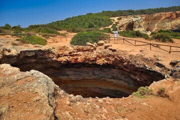 Benagil Cave Top View in Carvoeiro. Cave Hole from Above in Algarve Coast.