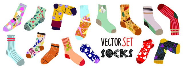 Big vector set. Stylish cotton and woolen socks with different textures.  Flat cartoon vector illustration. Transparent background