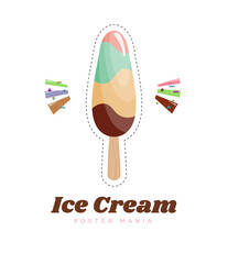 Ice cream sticker or badge. Cute ice cream on stick cartoon vector illustration. Chocolate and vanilla ice cream dessert. Kids sweets
