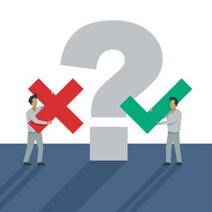 Correct decision choosing - angular cartoon people holds tick and cross signs (positive or negative choise) and big question marks on background - vector illustration