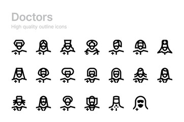Collection of doctors vector icons. Outline style. Face masks. Medical workers.