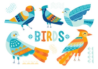 Birds vector illustration in cut out of paper style. Various species of small birds in festive bright colors, small additional design elements and the word Birds isolated on white background