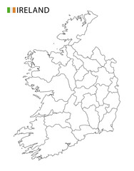 Ireland map, black and white detailed outline regions of the country.