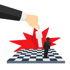 Checkmate concept - chess board and human hand with people instead of figures - visual for business competition or strategy concept - vector isolated illustration