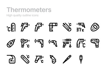 Digital thermometers. Contact and non-contact devices. Vector icons. Outline style.