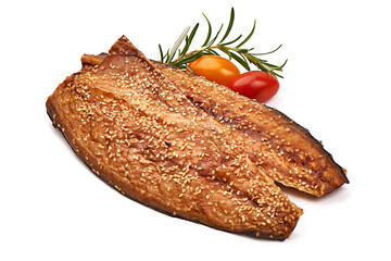 Smoked mackerel fish, isolated on white background