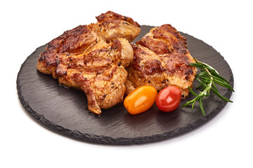 Grilled juicy pork steak, BBQ dishes, isolated on white background