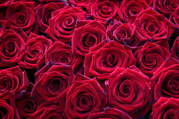 Many velvet red roses close up.Beautiful bouquet.Floral background for design or text.Gorgeous red abstract backdrop.