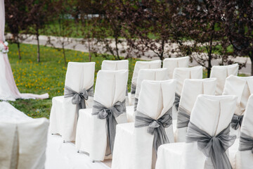Beautifully decorated and arranged chairs for a festive Banquet. Decor, wedding