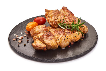 Grilled juicy pork steak, BBQ dishes, isolated on white background