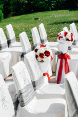 Beautifully decorated and arranged chairs for a festive Banquet. Decor, wedding