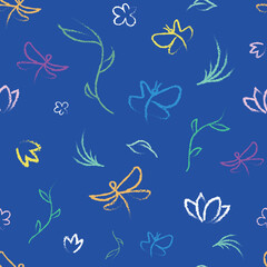 Fototapeta na wymiar Seamless vector pattern with plants, butterflies and dragonflies.
