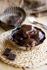 Delicious eclairs with cream and chocolate frosting on a plate