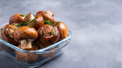 Marinatd champignon mushrooms ready to cook. Copy space
