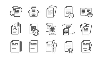 Fototapeta premium Documents line icons set. Contract agreement, Passport, Copy files. CV interview, documents workflow, attachment clip icons. Change files, wrong document, bureaucracy and contract signature. Vector