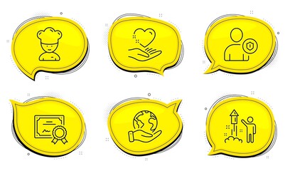 Fireworks sign. Diploma certificate, save planet chat bubbles. Security, Cooking chef and Hold heart line icons set. Person protection, Sous-chef, Care love. Party pyrotechnic. People set. Vector