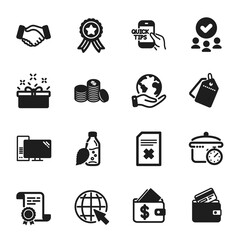 Set of Business icons, such as Water bottle, Education. Certificate, approved group, save planet. Debit card, Handshake, Internet. Computer, Banking money, Present box. Vector