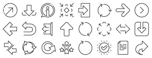 Set of Download, Synchronize and Recycle icons. Share arrow icons. Undo, Refresh and Login symbols. Sign out, download and Upload. Universal arrow elements, share, synchronize sign. Vector