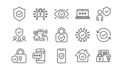 Security line icons set. Cyber lock, unlock, password. Guard, shield, home security system icons. Eye access, electronic check, firewall. Internet protection, laptop password. Linear set. Vector