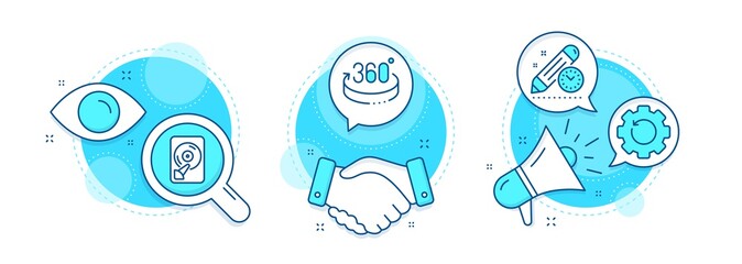 Recovery gear, Hdd and 360 degrees line icons set. Handshake deal, research and promotion complex icons. Project deadline sign. Backup info, Memory disk, Full rotation. Time management. Vector