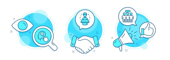 Like, Employees group and Brand ambassador line icons set. Handshake deal, research and promotion complex icons. Select user sign. Thumbs up, Collaboration, Man speak. Head with checkbox. Vector