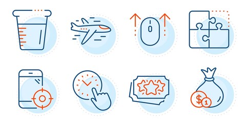 Cash, Cooking beaker and Seo phone signs. Puzzle, Time management and Loyalty points line icons set. Airplane, Swipe up symbols. Engineering strategy, Office clock. Business set. Vector