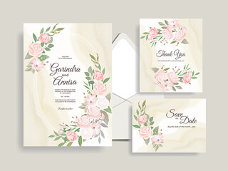 Wedding invitation card template set with beautiful colourful floral leaves Premium Vector