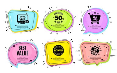 Best value. Big buys, online shopping. Special offer Sale sign. Advertising Discounts symbol. Quotation bubble. Banner badge, texting quote boxes. Best value text. Coupon offer. Vector