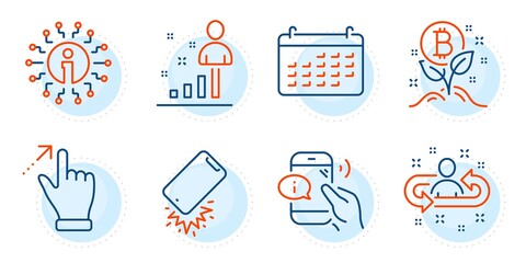 Bitcoin project, Calendar and Recruitment signs. Info, Call center and Smartphone broken line icons set. Touchscreen gesture, Stats symbols. Information, Phone support. Technology set. Vector