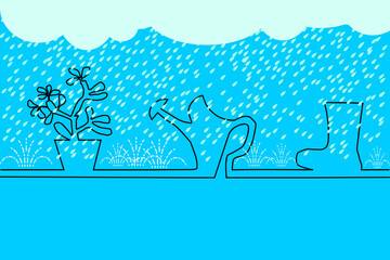 Abstract Line art drawing of ornamental plants, watering pot and rubber boots during raining time for background, Gift Wrap ,wallpaper, fabric print, cloth texture, illustration.