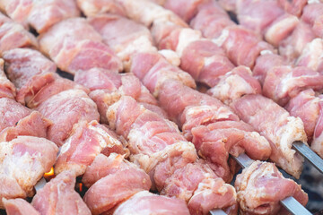 Closeup photo of raw pork meat on skewers on the mangal. Shashlik cooking on the mangal.