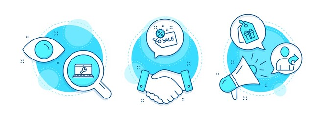 Sale, Laptop repair and Coupons line icons set. Handshake deal, research and promotion complex icons. Refer friend sign. Shopping tag, Computer service, Shopping tags. Share. Business set. Vector