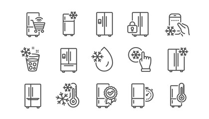 Fridge line icons set. Freezer storage, refrigerator, smart fridge machine. Water with ice, cooler box, thermometer icons. Wi-fi remote access, thermostat timer, smart freezer. Linear set. Vector