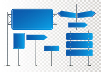 Road blue traffic signs set. Blank board with place for text. Mockup. Isolated information sign. Direction. Vector illustration
