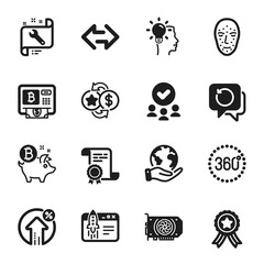 Set of Technology icons, such as Bitcoin atm, Gpu. Certificate, approved group, save planet. Sync, Idea, Face biometrics. Spanner, Start business, Loyalty points. Vector