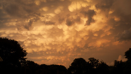 Oddly colored Mammatus clouds that usually are associated with stormy weather. Mamma or mammatocumulus clouds.