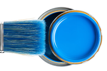 Paintbrush and open can of paint top view isolated on white background