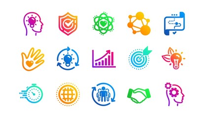 Integrity, Target purpose and Strategy. Core values icons. Helping hand, social responsibility, commitment goal icons. Classic set. Gradient patterns. Quality signs set. Vector