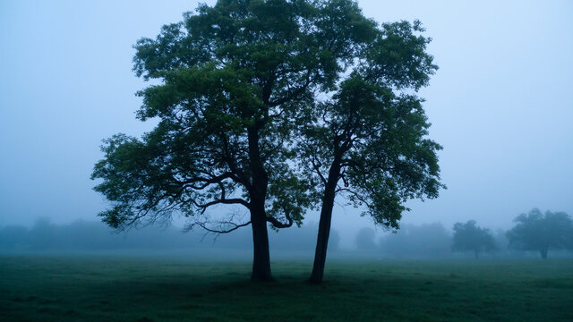 Two large sassafras trees on the top of a hill in spring or summer during the blue hour with fog, eerie photo with nobody present in the country.