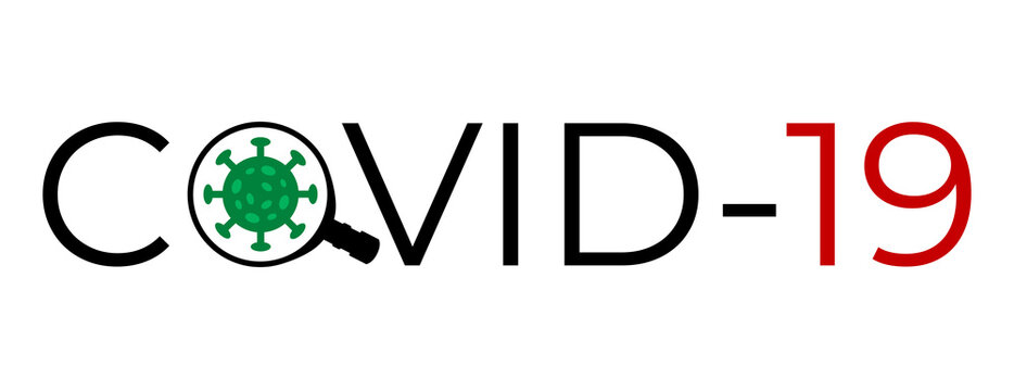 COVID-19 Coronavirus - a text logo with a magnifying glass and an image of the virus.