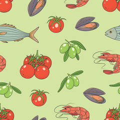 Vector graphic seamless pattern with sea food, tomatoes and olives on a green background